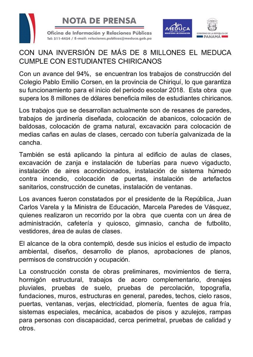 MeducaPma's tweet photo. Con un avance del 94%, se encuentran los trabajos de construcción del Colegio Pablo Emilio Corsen, en la provincia de Chiriquí, lo que garantiza su funcionamiento para el inicio del periodo escolar 2018. #MeducaInforma https://t.co/L8jskOq4fQ