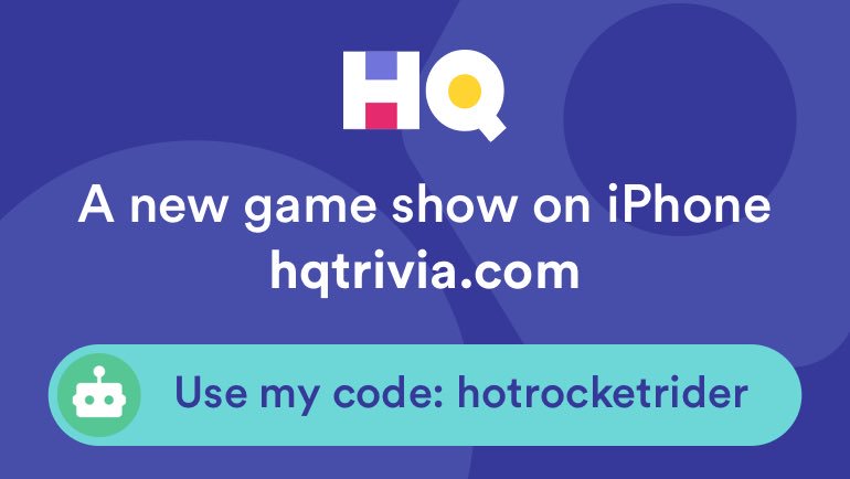 hotrocketrider's tweet photo. I’m playing a game called @hqtrivia! You should play too. Use my code ‘hotrocketrider’ to sign up https://t.co/bXRwauCIqP https://t.co/pH8MykRpN9