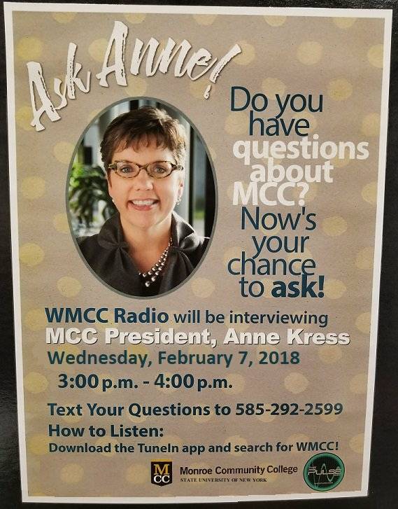 wmccradio's tweet photo. Coming up next, from 3p-4p DJ Renegade is sitting down with @MCCPresident for an #AMA live during The Red Coffee Cup! Text your questions to (585)292-2599 and listen in with TuneIn/iTunes Radio under WMCC! https://t.co/LSGTZ04u3v #AskThePrez @MonroeCC https://t.co/j2sl6K2UAR https://t.co/5DyoklZRHG