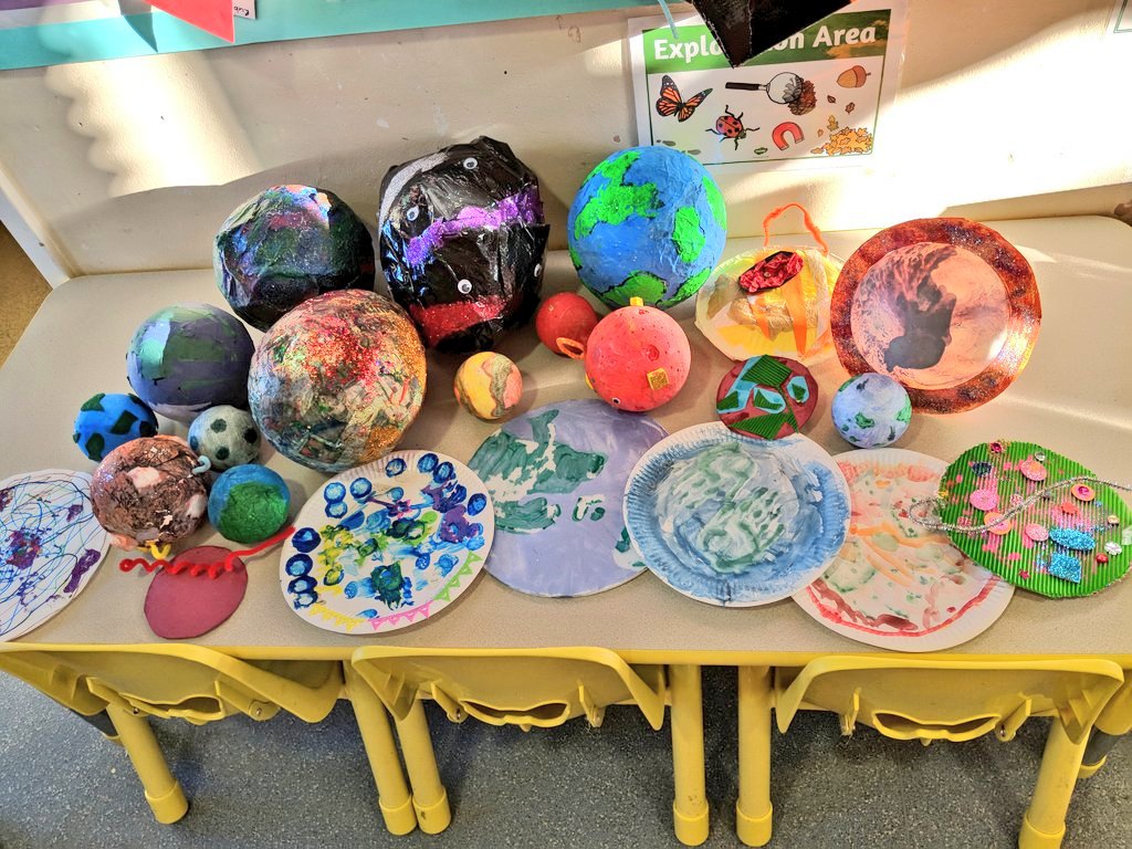 penguinsmissp's tweet photo. Yet another OUT OF THIS WORLD homework from our wonderful Nursery children and their families! We now have our very own solar-system of hand-made planets to explore this week...all unique and interesting in their own way! @MGPAcademy #proudteacher #Space #makeaplanet #family #EY https://t.co/r31XXCiTin