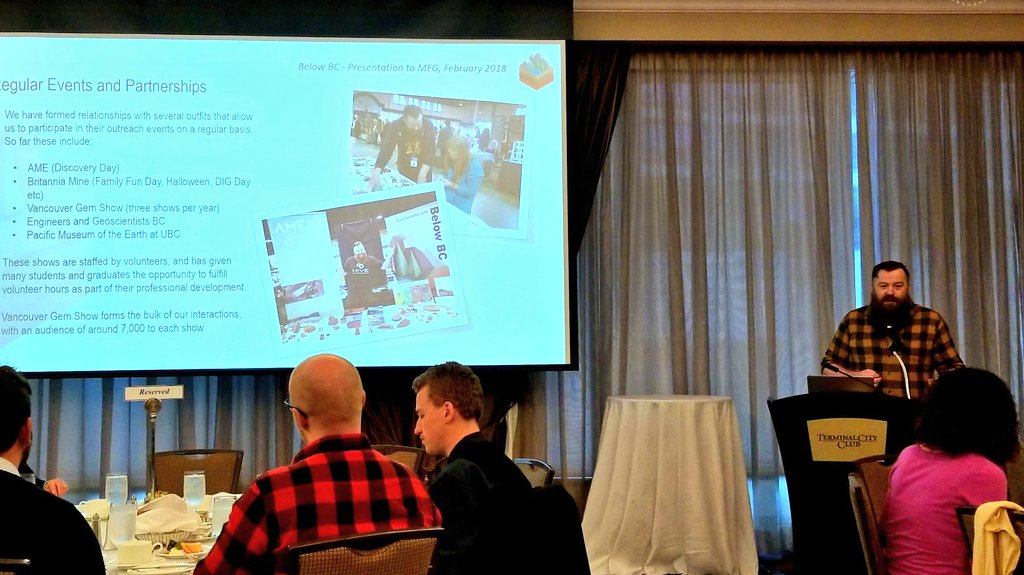resourceswriter's tweet photo. Expanding #geoscience #outreach across #BC - Andy @StrataGeoData sharing the work of #nonprofit @below_bc to the #Vancouver Mining Exploration Group https://t.co/5rP4Eb0uMO