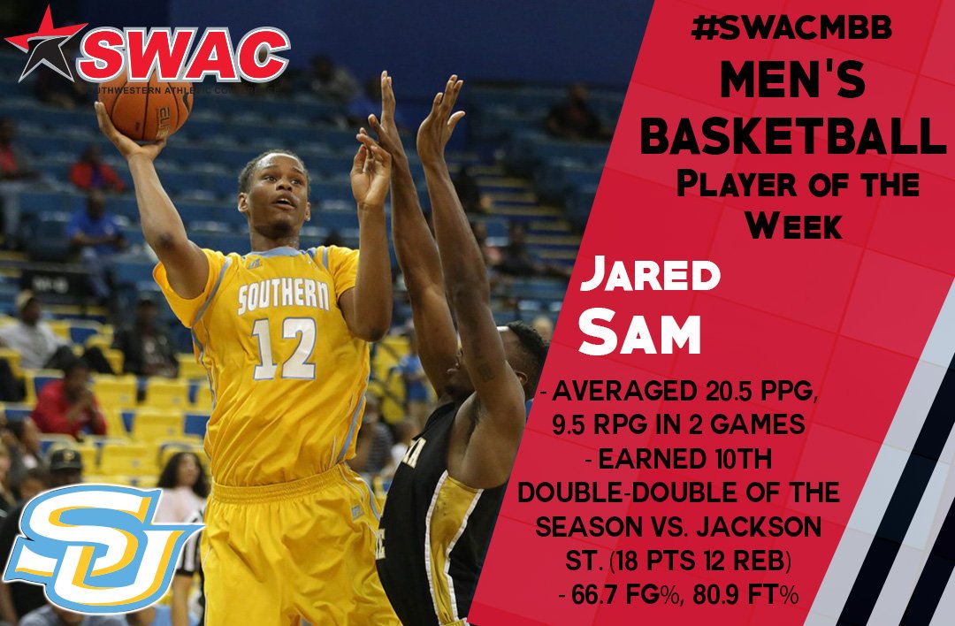 JaguarHoops's tweet photo. Congrats to Jared Sam @_ImNumber15 on being named The SWAC Player of the Week.  Well deserved!! https://t.co/JdhsojaDXS