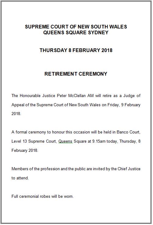 SamEBJones's tweet photo. Justice Peter McClellan AM will be honoured in a formal ceremony today ahead of his retirement as an appeal judge of the NSW Supreme Court tomorrow. https://t.co/2stH15hYGu