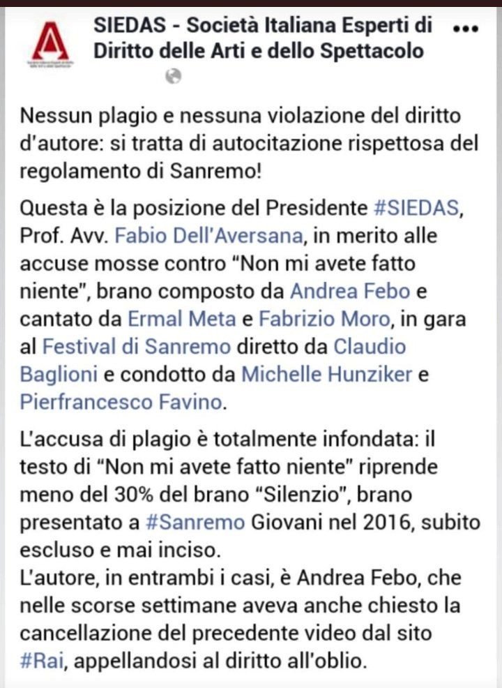 siedaspettacolo's tweet photo. Il Presidente #SIEDAS @fdellaversana86: Nessun plagio in #NonMiAveteFattoNiente! Solo un'autocitazione rispettosa del regolamento di Sanremo... #MetaMoro #IoStoConMetaMoro #Sanremo2018 @famedalupi @MetaErmal @FabrizioMoroOff @FabrizioMoroPag @AndreaFebo
https://t.co/m9rTBMtzad https://t.co/1qgM7r5Enq