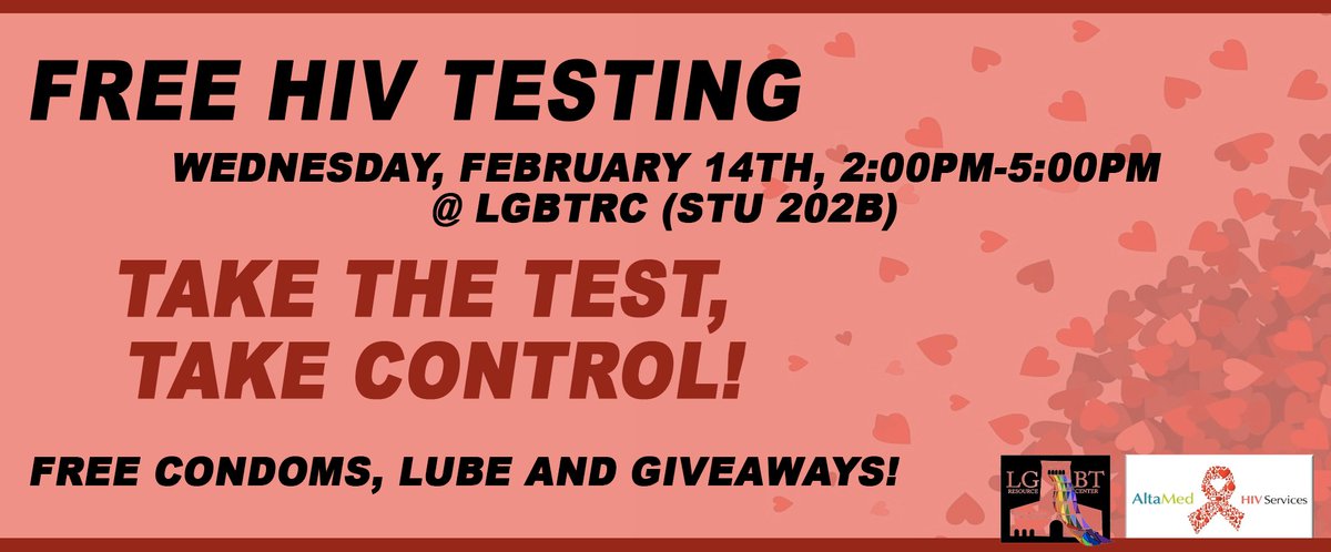 USC_OWHP's tweet photo. Shoutout to @USCLGBT for offering FREE Rapid-HIV Testing for all students for Valentine's Day! Come to the LGBT Resource Center (STU 202B) from 2-5 PM for testing and giveaways #FightOn #bewell #USCWellness https://t.co/XZUskfM070