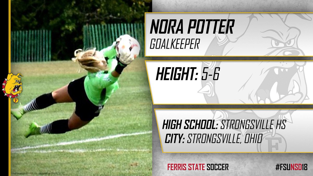 ferrisathletics's tweet photo. Welcome talented goalkeeper Nora Potter to @FSUWSO from Strongsville, Ohio! Congrats on becoming a Bulldog! #FSUNSD18 https://t.co/8aESLEEDGY