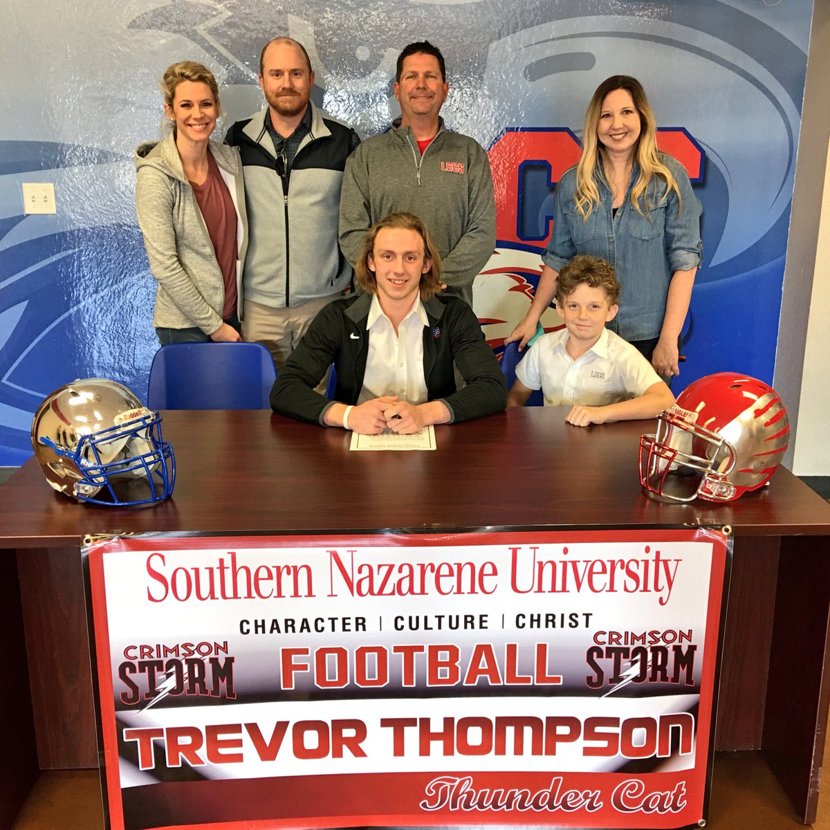 LCCSathletics's tweet photo. Congratulations to Trevor Thompson on signing his letter of intent to attend Southern Nazarene Univ. &amp; play @SNUFootball!  #lccseagles #snu #boltsup #NationalSigningDay @Gosset41 @wilkerson_FWST https://t.co/BgxzbqjlCp