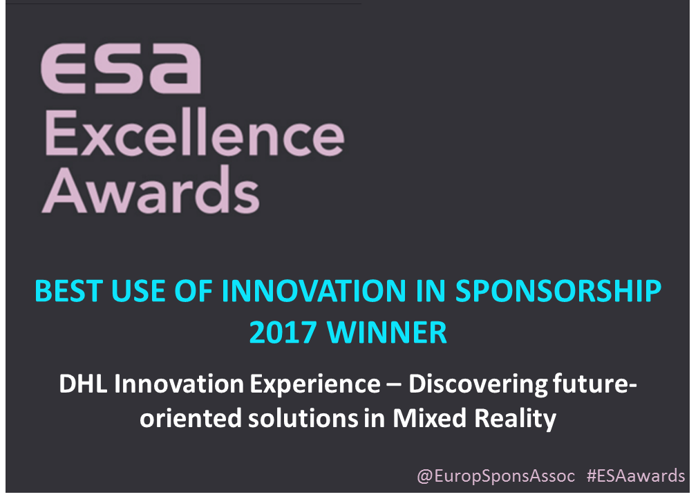 EuropSponsAssoc's tweet photo. CONGRATULATIONS! π #ESAawards BEST USE OF INNOVATION IN SPONSORSHIP 2017 WINNER: DHL Innovation Experience β Discovering future-oriented solutions in Mixed Reality @dhl #dhlinnovation | https://t.co/v6kiruyQq9 @scm_events https://t.co/OD6rXdiNWl