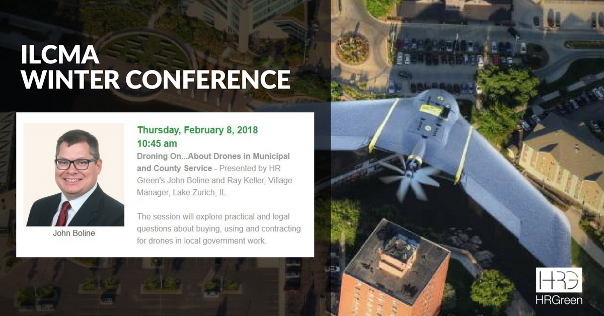 HRGreen1's tweet photo. Join HR Green's John Boline and Ray Keller, Village Manager, Lake Zurich, IL at the #ILCMA Winter Conference, tomorrow, February 8th for their presentation "Droning On...About Drones in Municipal and County Service." #drones #surveying https://t.co/fzXXLXUdXk