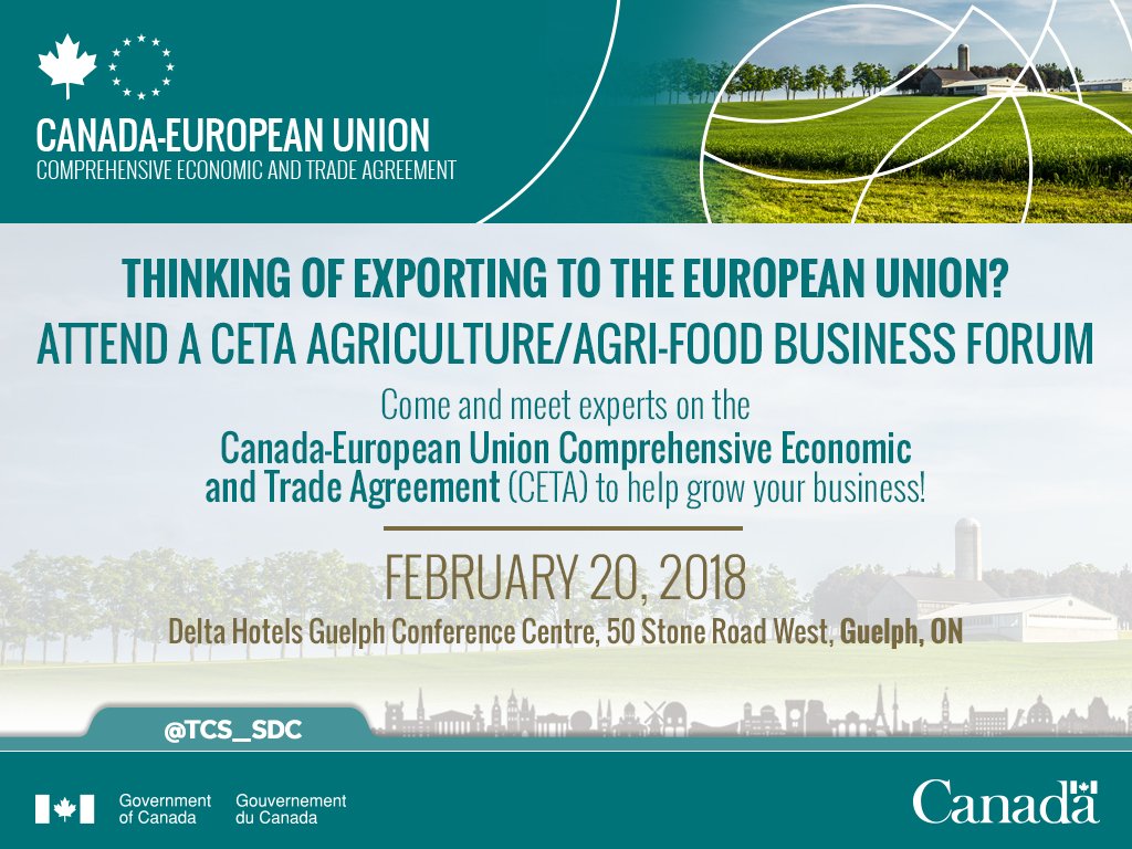 TCS_SDC's tweet image. Attention #CdnAg businesses: join the @TCS_SDC in @cityofguelph, ON Feb. 20 to learn about exporting your agriculture/agri-food products to Europe. Don’t miss this next #CETA business forum! Register here: tradecommissioner.gc.ca/ontario/events… @AAFC_Canada @OMAFRA @OntarioTCS @TradeON