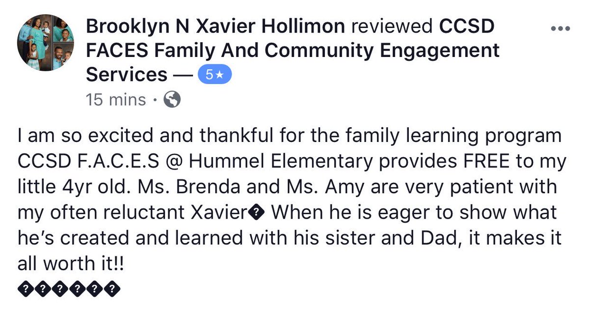 CCSDFamily's tweet image. Parent photo, #FACESFLRA testimonial, and Facebook rating! 👏

#familyengagement #linkedtolearning
