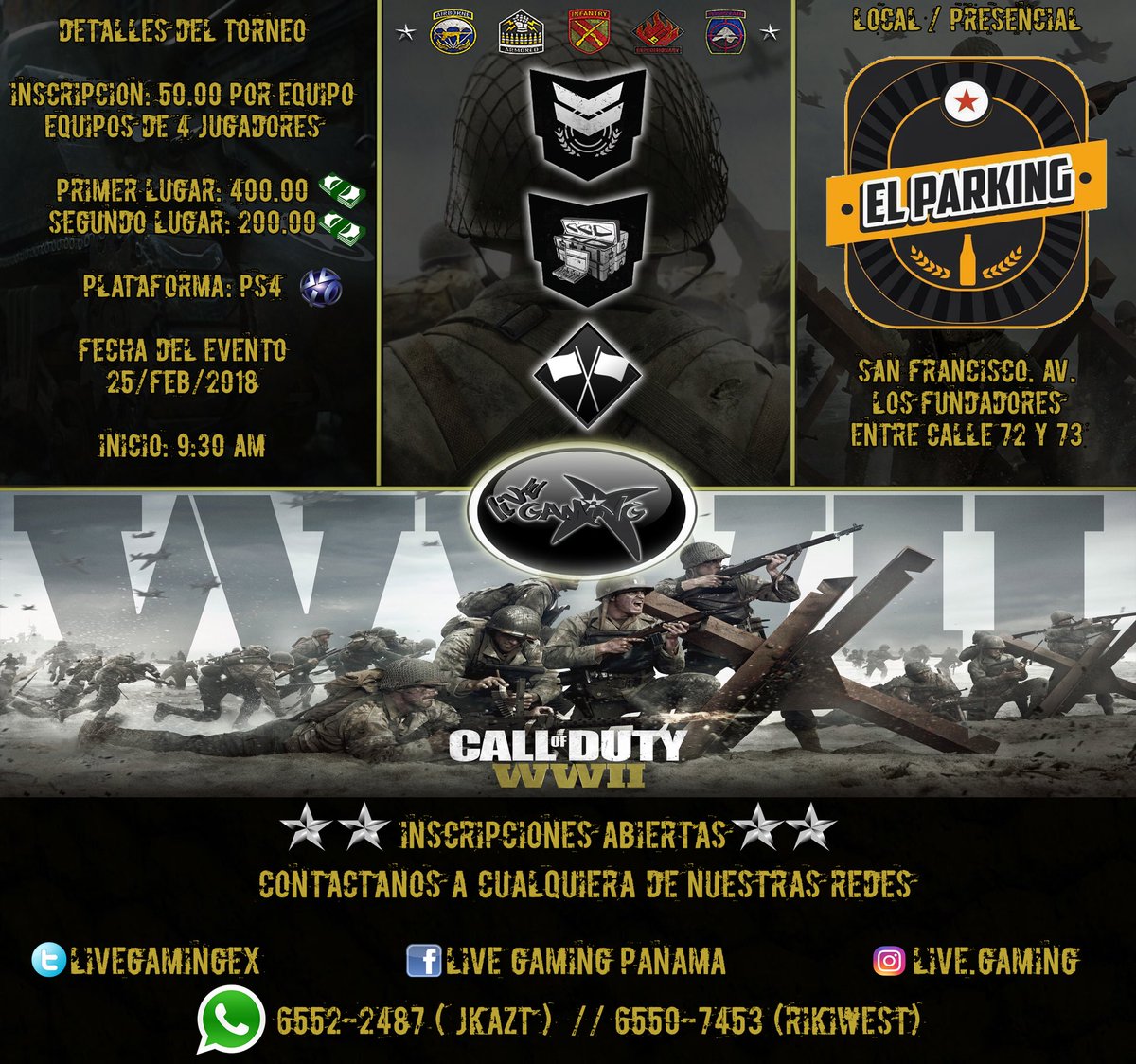 livegamingex's tweet photo. “Gran torneo competitivo presencial de Call Of Duty WWII" en el "EL PARKING SPORT BAR"  trae tu equipo y demuestra que eres el mejor. https://t.co/A2KARW5yH8