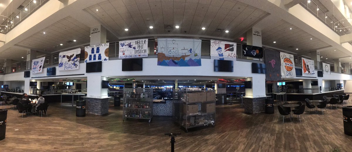 If you are coming to tonight’s <a href="/SetonHallMBB/">Seton Hall Men's Basketball</a> game, be sure to stop by the Club Lounge East to check out the gameday banners made by <a href="/SHUGreekLife/">SHU Greek Life</a>! #HALLin