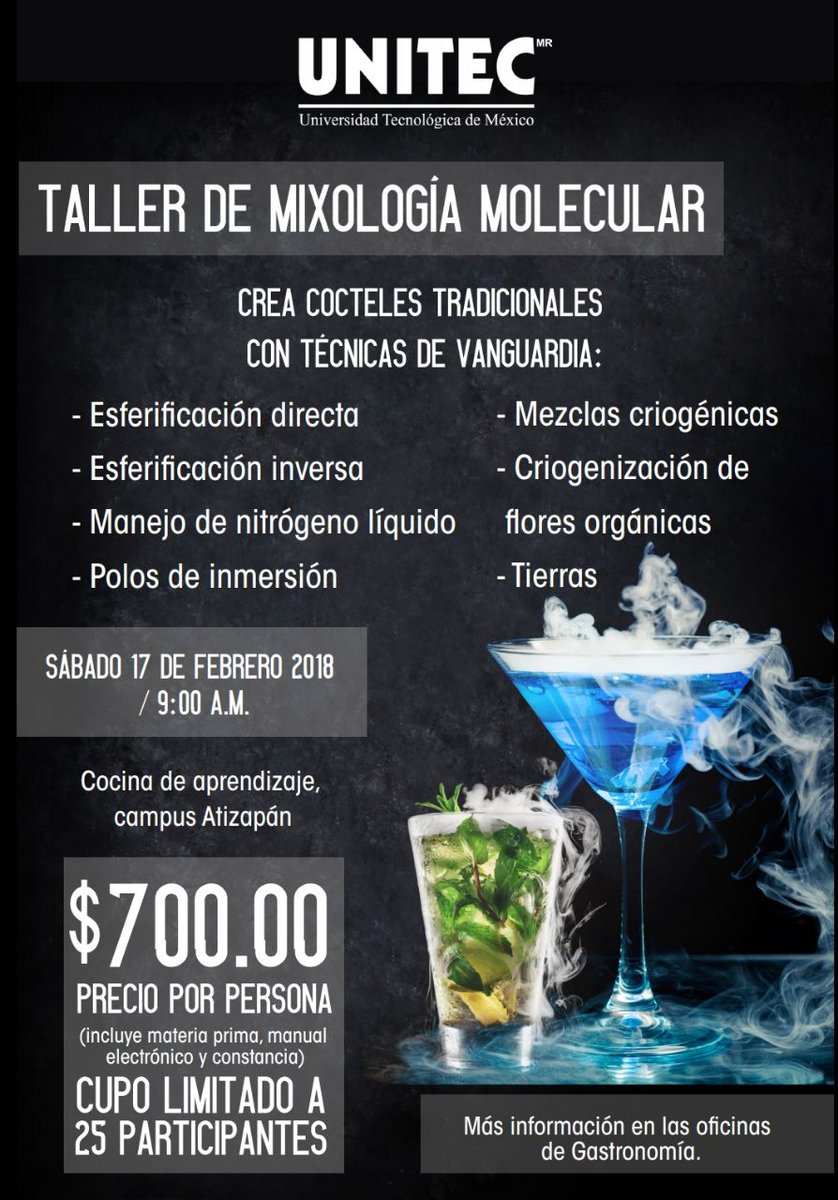 UNITECMX's tweet photo. ¿Te gustaría aprender a preparar cocteles tradicionales con técnicas de vanguardia? Inscríbete en la Dirección de Gastronomía de #UNITECatizapán de 7:00 a 15:00 horas. https://t.co/X7FNfgLi7P