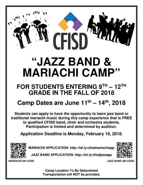 Our <a href="/CFISD_FineArts/">John Morrison</a> department is hosting a Jazz Band Camp and Mariachi Camp for students entering grades 9-12 June 11-14. The application deadline is Feb. 19. 

Apply for the Jazz Band Camp: bit.ly/cfisdjazzapp  
Apply for the Mariachi Camp: bit.ly/cfisdmariachia…