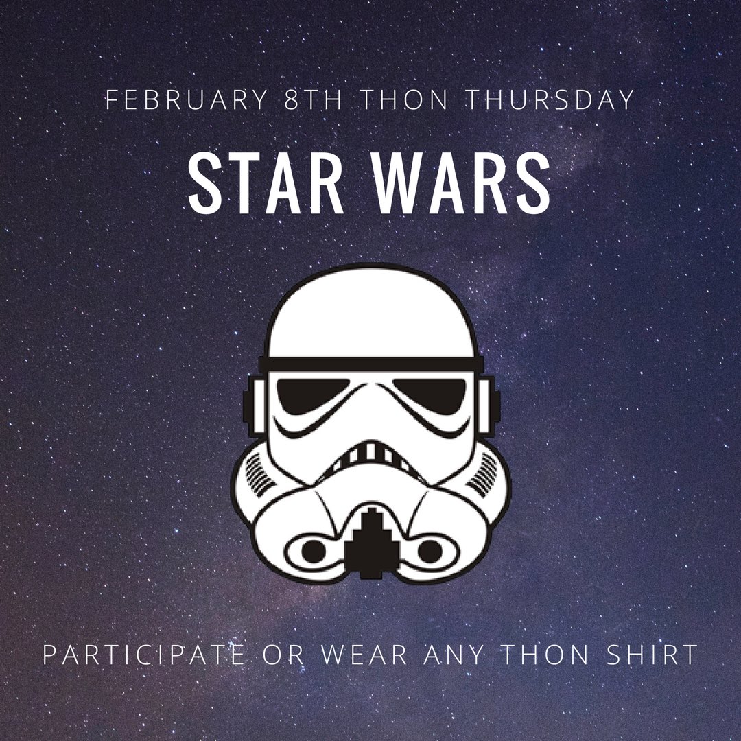 AC_Thon's tweet photo. Tomorrowโs High School #ThonThursday theme is Star Wars. Dress like any Star Wars character, in any Star Wars apparel, or wear any THON shirt to participate #FTK https://t.co/k20yDx82dH