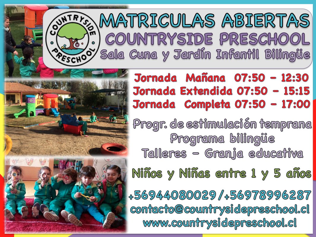 Contryside_'s tweet image. MATRICULAS ABIERTAS - Sala cuna y Jardín Infantil Bilingüe

Visítanos en countrysidepreschool.cl, escríbenos a contacto@countrysideprescool.cl o llámanos al (+569)4408 0029

Te Esperamos!!!

@ciudad_chicureo @chicureohoy @Chamisero_ @Chamisero1 @revistavds