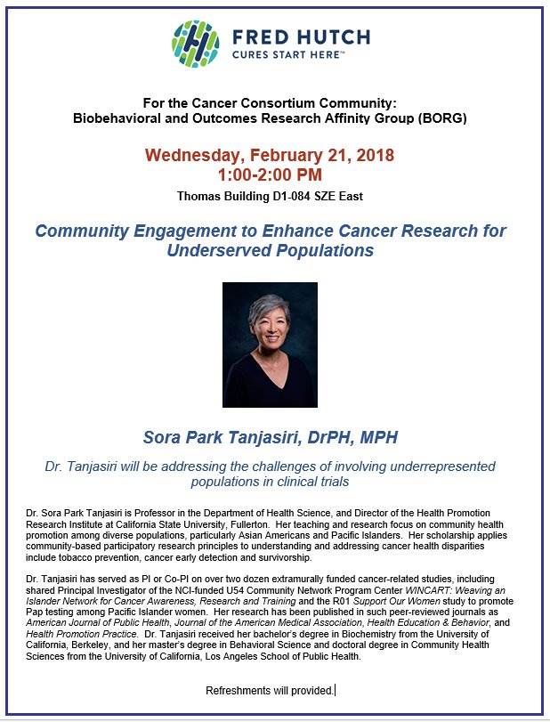 GMaPRegion5's tweet photo. Fred Hutch to host Sora Park Tanjasiri, DrPH, MPH
Community Engagement to Enhance Cancer Research for Underserved Populations: Dr. Tanjasiri will be addressing the challenges of involving underrepresented populations in clinical trials. 
February 21, 2018 1:00-2:00pm https://t.co/dmfDnD9JdH