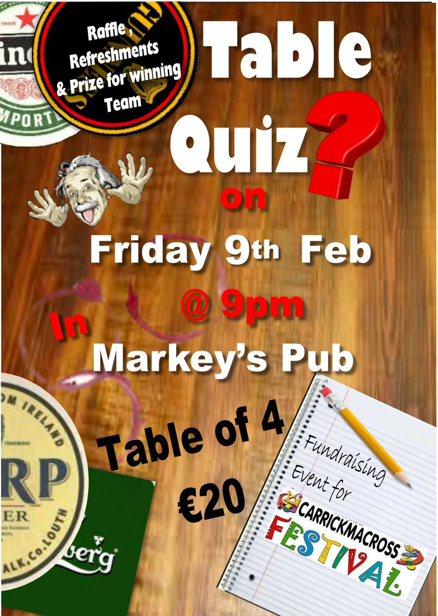 Are you a #trivia whiz kid? Or a #quiz lover? Then make sure you come down to Markey's Bar #Carrickmacross and show off your knowledge for our annual table quiz! In support of #cmxfest2018