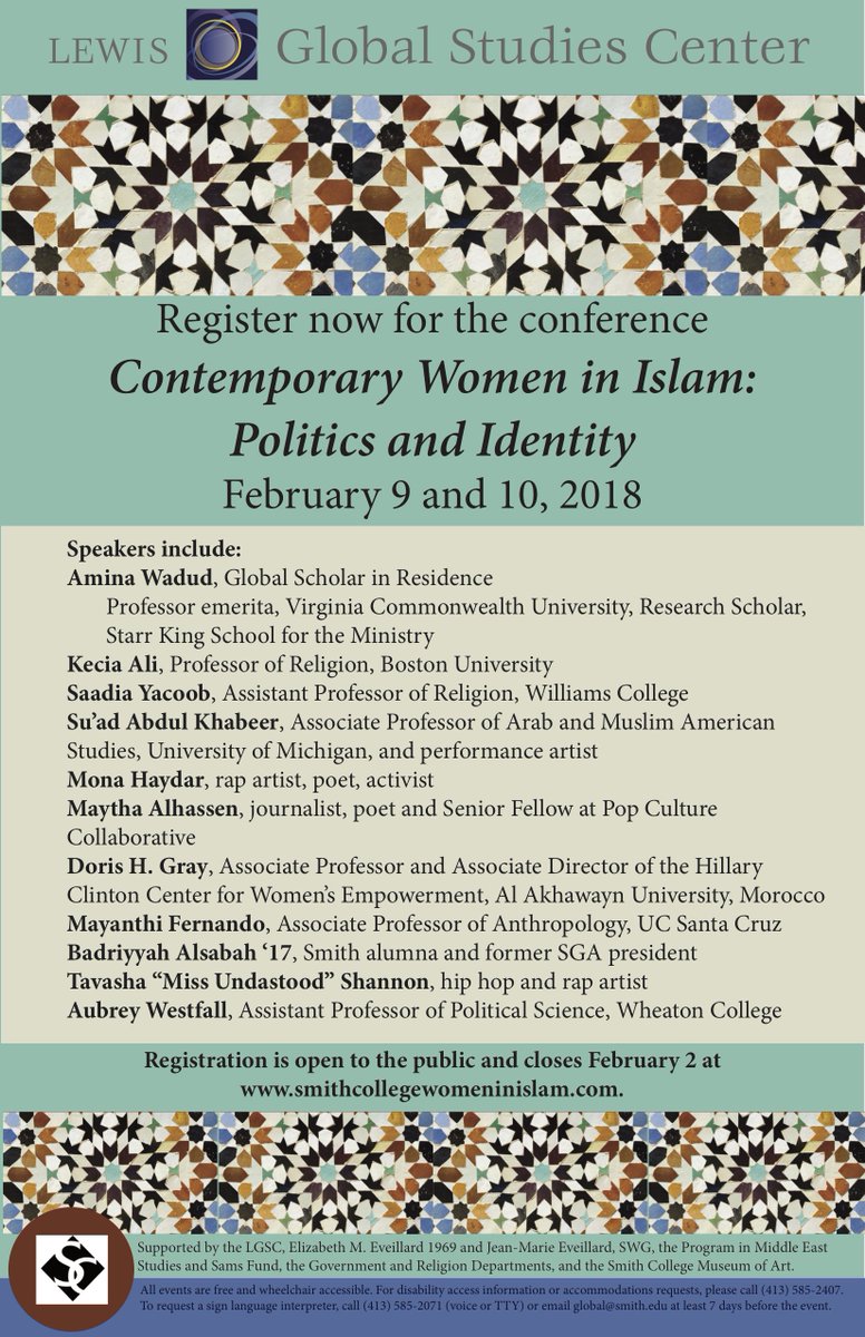 GSCsmith's tweet image. We are excited about the upcoming Women in Islam Conference, which will take place this Friday! You can check out the schedule for all the events here: smithcollegewomeninislam.com (Please note that the registration for Saturday's events is now closed.)