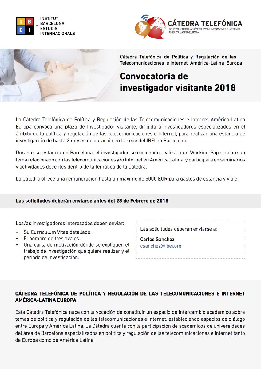 Oportunidad: cátedra telefónica de política y regulación de #telecom e internet #latam y europa en <a href="/IBEI/">Institut Barcelona d'Estudis Internacionals</a>