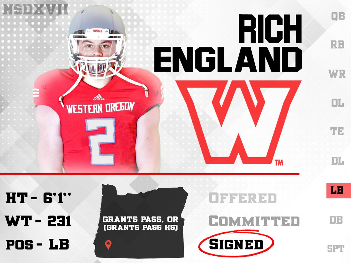 JasonSlowey's tweet photo. THERE WE GO‼️ Love the way this guy plays the game!! Fast, physical, and with an EDGE. Exactly what we are looking for!! The LB group just got better!! ✊🏼
I’m excited to welcome @Richie_England to the @WOU_Football family‼️
#NewWave18 🌊
#NSD18 📝
#WolvesUp 🐺 https://t.co/fQsd5PQAAR