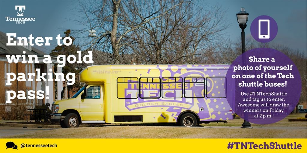 tennesseetech's tweet photo. There's still time to win a 🌟gold🌟 parking pass! Share a photo of yourself on the campus shuttle now through Friday at noon, tag us and use #TNTechShuttle to enter! 📸 Three students will win! Details 👉https://t.co/GCFmGFCS7Q https://t.co/S1t4xUAUAV