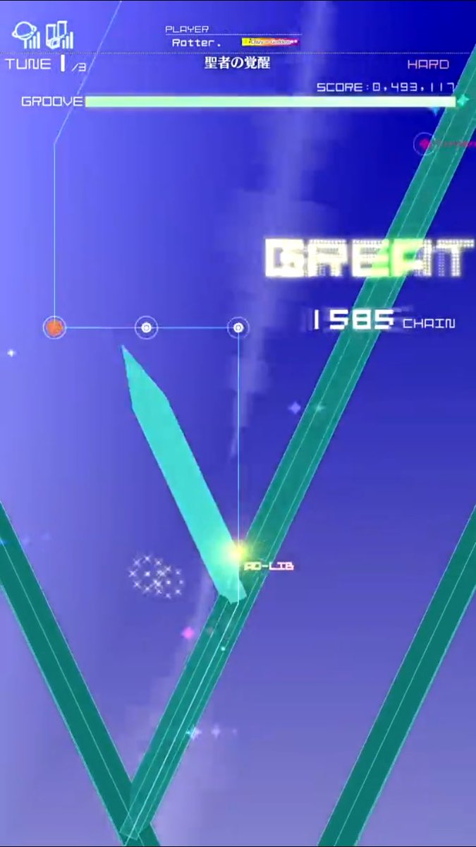 HB_Square's tweet image. [聖者の覚醒]
聖者シリーズ第三弾であるこの曲は、過去2作で登場した背景演出が見事に融合した一曲。どのパートでどの楽曲の演出を探ってみるのも面白いかも？またこの曲ではカメラワークの激しさによる難しさも兼ね備わっているが、これは初期曲に於ける独特の難しさを模している。 #グルコス演出ネタ