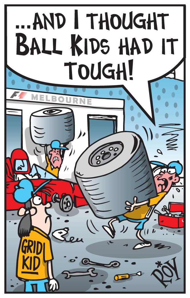 chrisroytaylor's tweet photo. I've seen #BallKids at the tennis...But, #GridKids???
Cartoon: @theheraldsun 

#Melbourne #GrandPrix #AusF1 #f1gridgirls #GridGirls 
#AusOpen #tennis @IlloRoom @cartoonmovement @procartoonists https://t.co/nOQazEv9E6