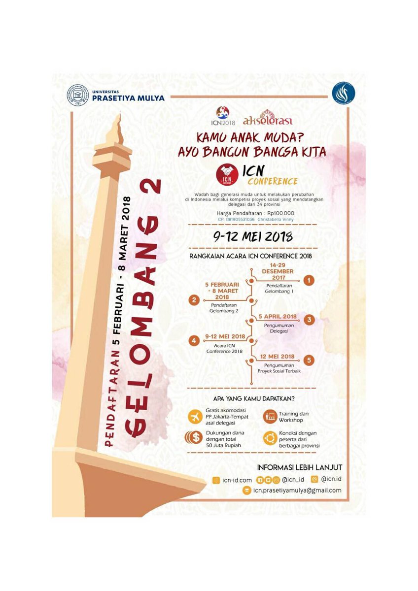 Salam hangat generasi muda! Pendaftaran ICN Conference 2018 Gelombang 2 telah dibuka dari tanggal 5 Februari hingga 8 Maret 2018.