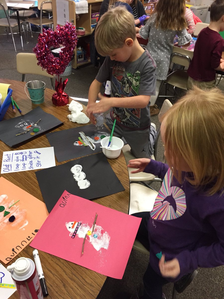jpettykc's tweet image. Connecting art and literacy. Students use the directions to make their own paint. Some made snowman and some made wolfs.