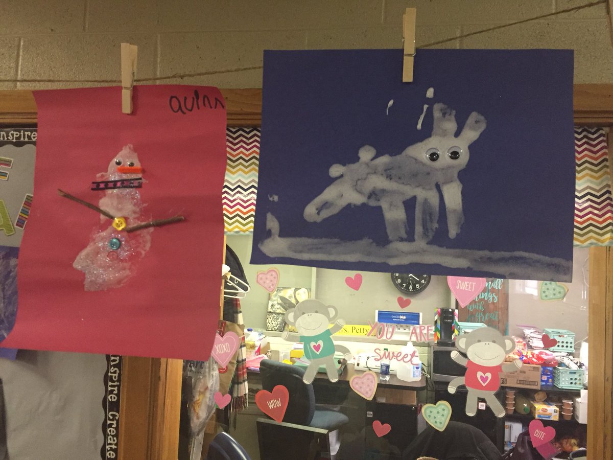 jpettykc's tweet image. Connecting art and literacy. Students use the directions to make their own paint. Some made snowman and some made wolfs.