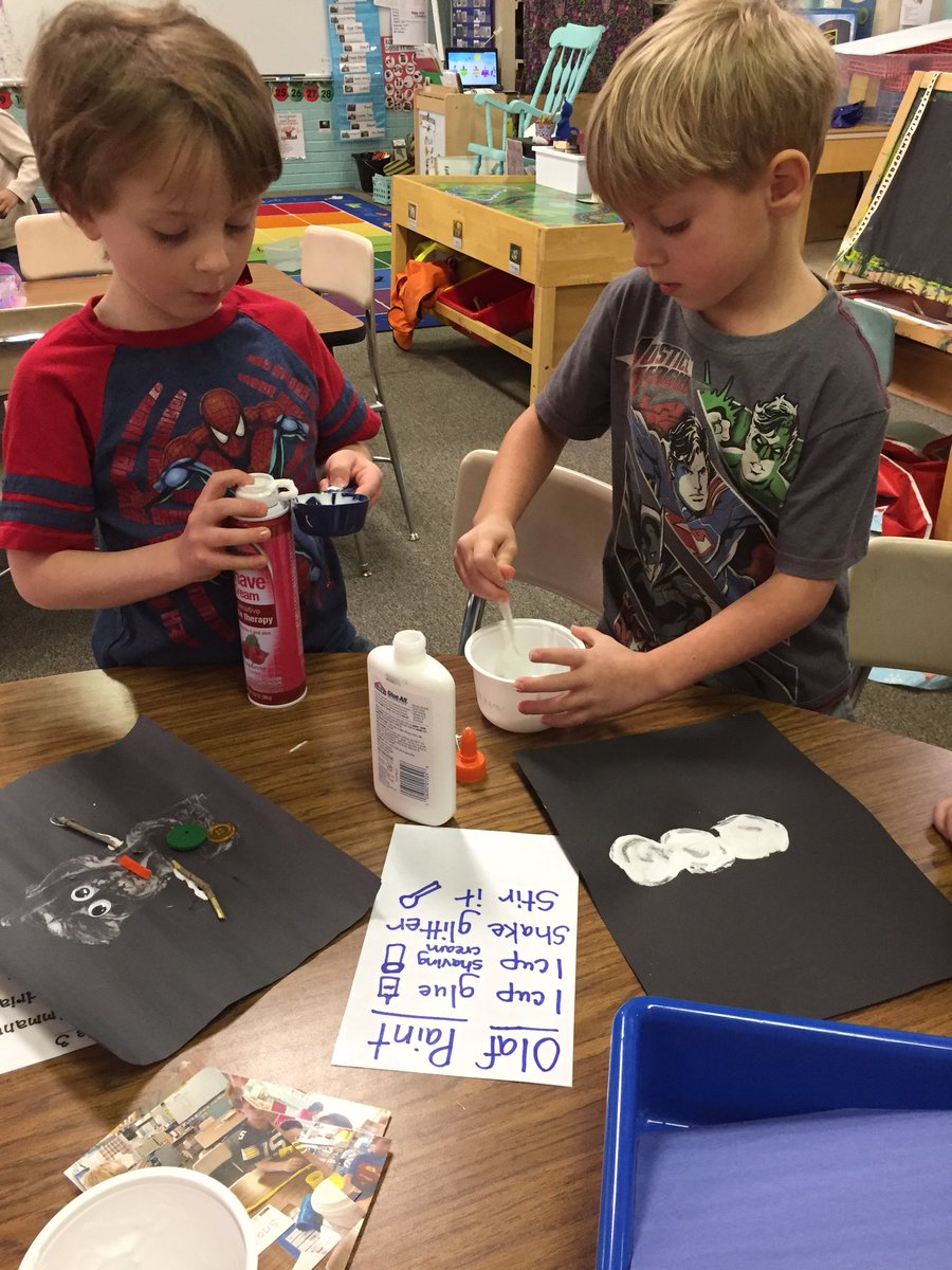 jpettykc's tweet image. Connecting art and literacy. Students use the directions to make their own paint. Some made snowman and some made wolfs.