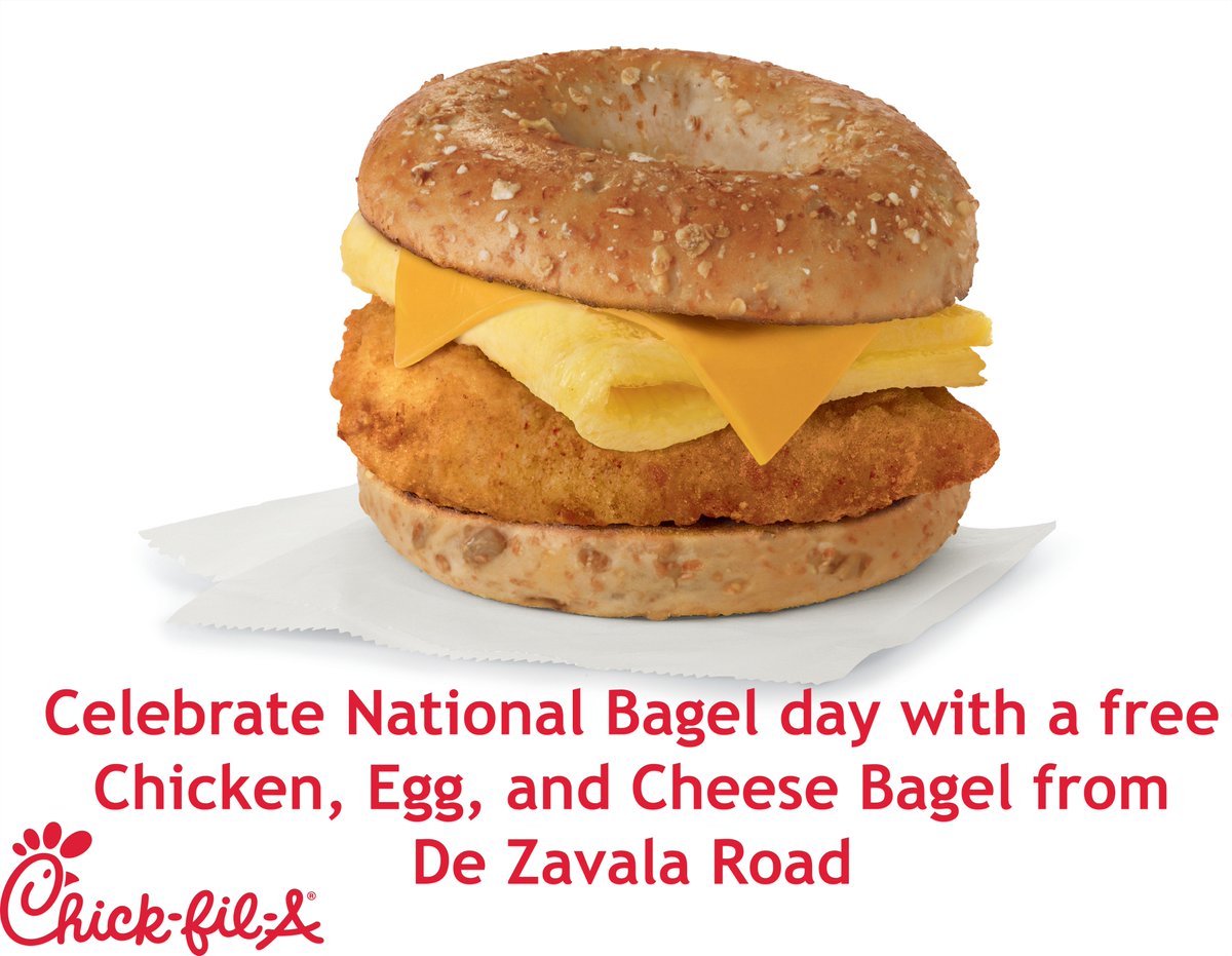 CFAdezavala's tweet photo. Come join us in celebrating National Bagel Day this Friday with a free Chicken, Egg, and Cheese Bagel! Or try it with bacon or sausage! Breakfast is from 6am-10:30am! Hope to see you there! ** DeZavala Location only ** https://t.co/ObOMX8l6mT