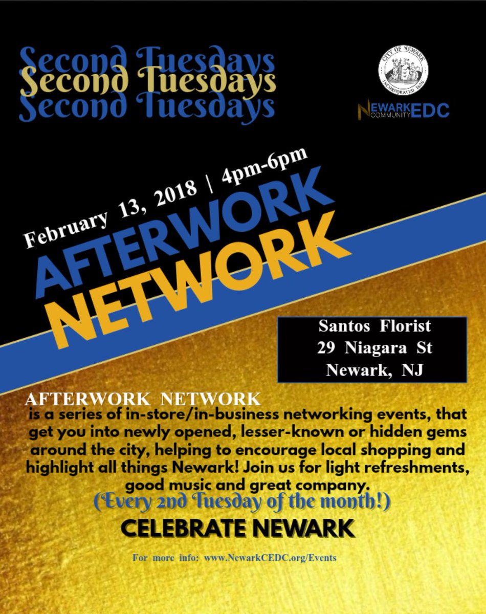 investnewark's tweet photo. February 13, at 29 Niagara St, from 4-6pm. Network, socialize, and meet businesses and residents around you! @SantosFlorist
#EastWard @NewarkCEDC @CityofNewark #AfterworkNetwork #ShopLocal
#MeetYourFlorist Mix and mingle with your local business! #KnowYourStore https://t.co/0INkEqbZJA