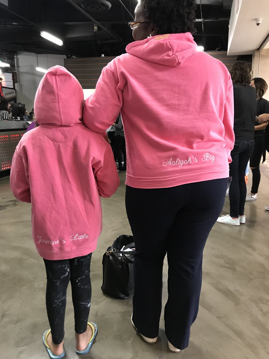 BBBSOC's tweet photo. Aren't Jasmine and Aaliyah's matching sweaters the best? Jasmine had them custom made with their names for Aaliyah's birthday! #HBDAaliyah #bigsister #littlesister https://t.co/EDP2Wdr29U
