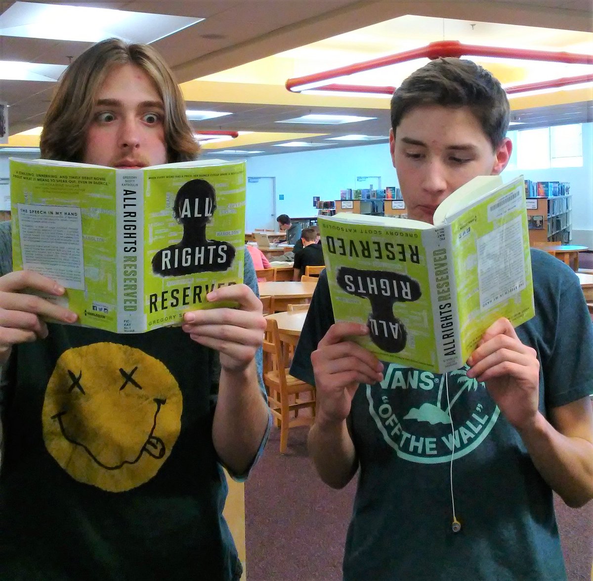 NHSmediaknights's tweet photo. Librarian reads and loves this book then sends it to a teacher. Teacher reads it and loves it and tells her class its awesome! These students ran to the library to check it out! What a perfect day! Happy reading dudes! @gregkatsoulis @DTLALibrarians @aasl https://t.co/CW5oy0LAbV