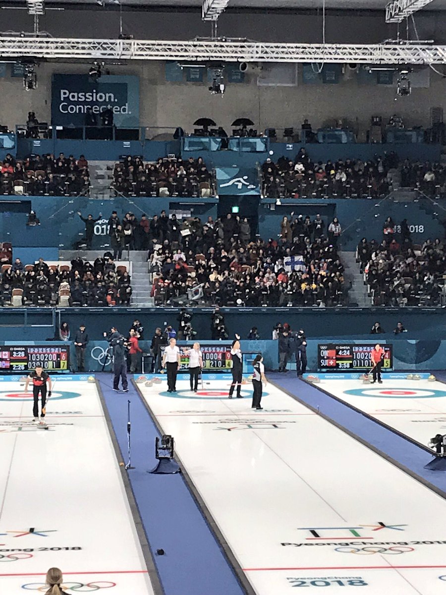 worldcurling's tweet photo. The fans seem to like it! Korea win their opening game over Finland 9-4 🥌🇰🇷 #pyeongchang2018 https://t.co/uYOk5aCNan