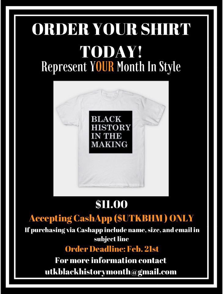 _DestinyCarter_'s tweet photo. Hey yβall! We have some shirts for black history month! Hurry and purchase yours to wear for the upcoming march on the 28th and our Melanin Monday events. #UTKBHM https://t.co/rWP10LdGIl