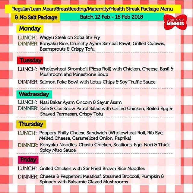 This menu is for batch 12th of February, for Regular, Lean Mean, Health Streak, Breastfeeding, Health Streak Package &amp; No Salt Package 🤗
•••
Join our catering and share your experience with us! #3SkinnyMinnies
