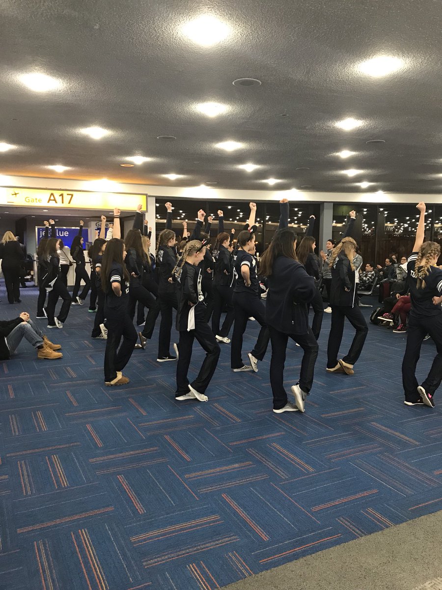 RAMSrhscheer's tweet image. Randolph cheerleaders staying cheerful waiting for our flight at Newark Airport! #NHSCC #RAMily