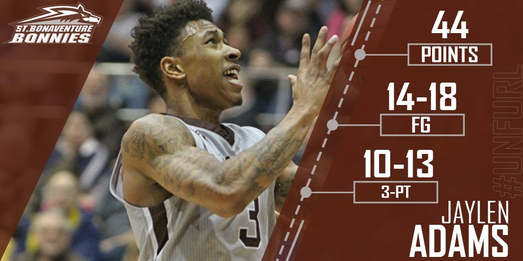 BonniesMBB's tweet image. No, these aren't video game stats. This is really Jay's stat line from tonight. 

➡️ School record 10 (🔟) 3s
➡️ Career-high 4⃣4⃣ points
➡️ 1st back-to-back 40-pt games for a Bonnie since 1969
➡️ ALSO 6 assists, giving him a hand in 74% of our FG