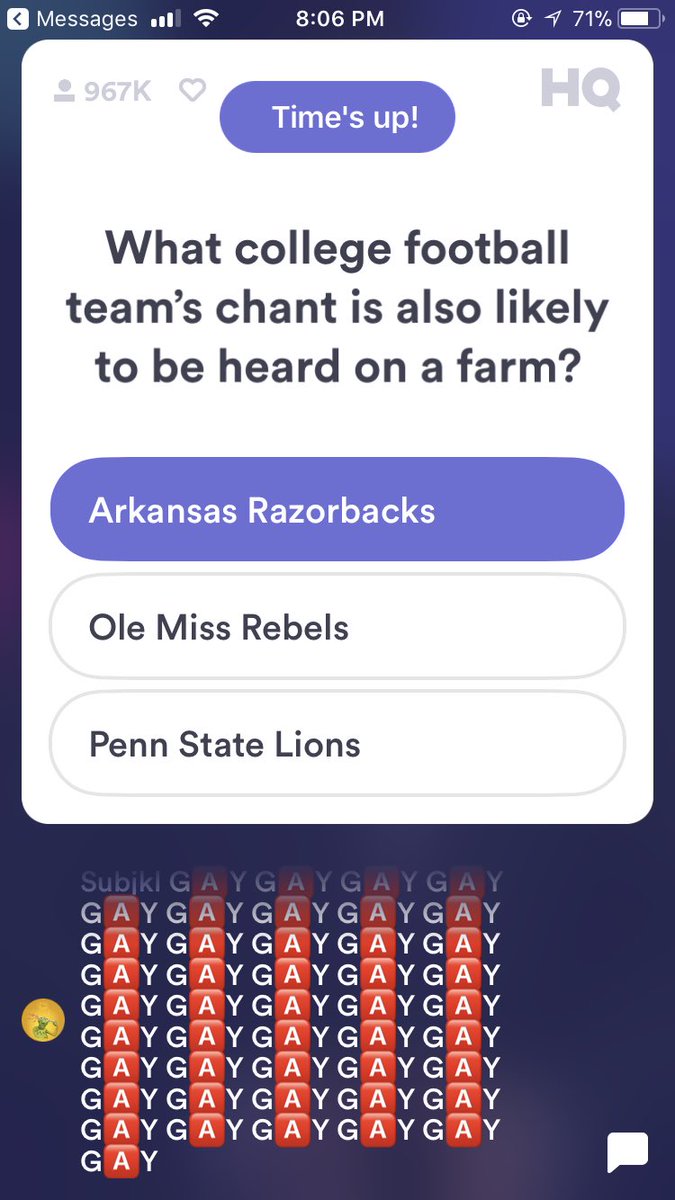 em_english's tweet photo. @hqtrivia being savage tonight #woooooopig https://t.co/90eZfz93Um