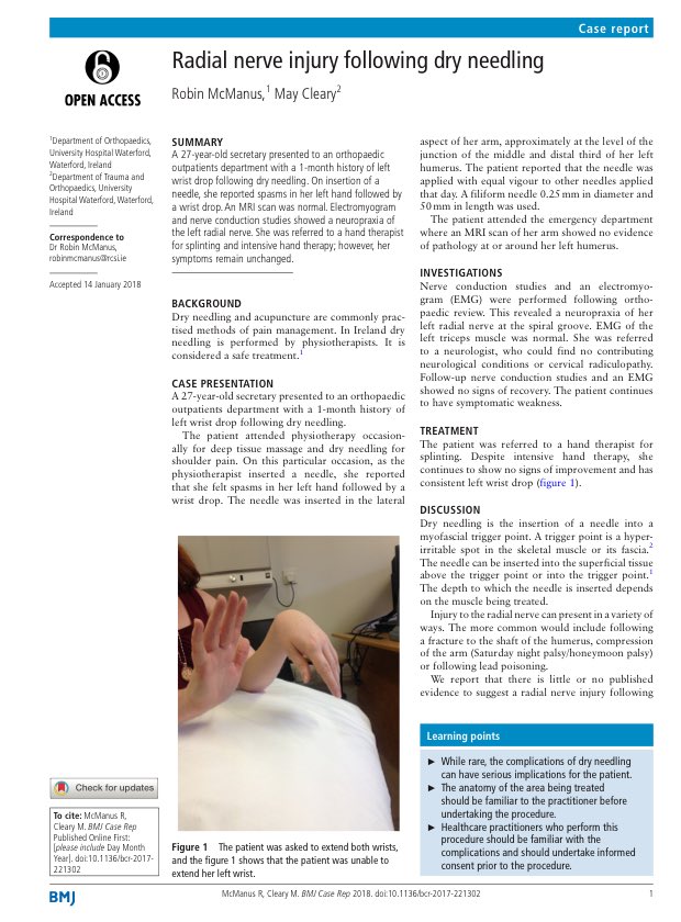 MVClinic's tweet image. Punción seca y lesión del nervio radial...Great article ”Radial nerve injury following dry needling” #landmarks #ecoguiado la clave para evitar la yatrogenia, una adecuada formación y procedimiento ecoguiado #USguided @MOFI_FT