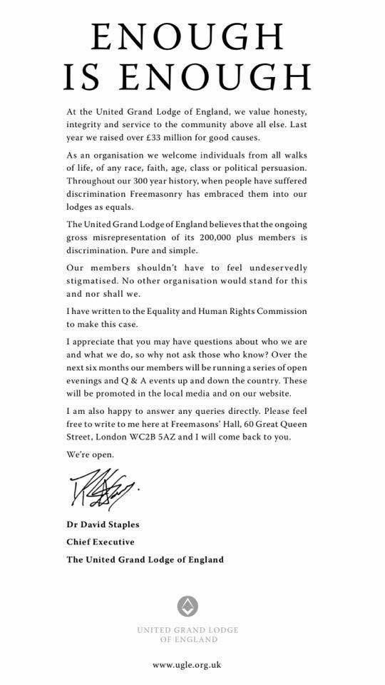 Surrey1837Club's tweet photo. The United Grand Lodge of England (UGLE) has taken full page ads in The Times, Daily Telegraph and Guardian calling for an end to discrimination of its 200,000 plus members, headlined ‘Enough is Enough’.
#enoughisenough https://t.co/WYpUp7VsXk