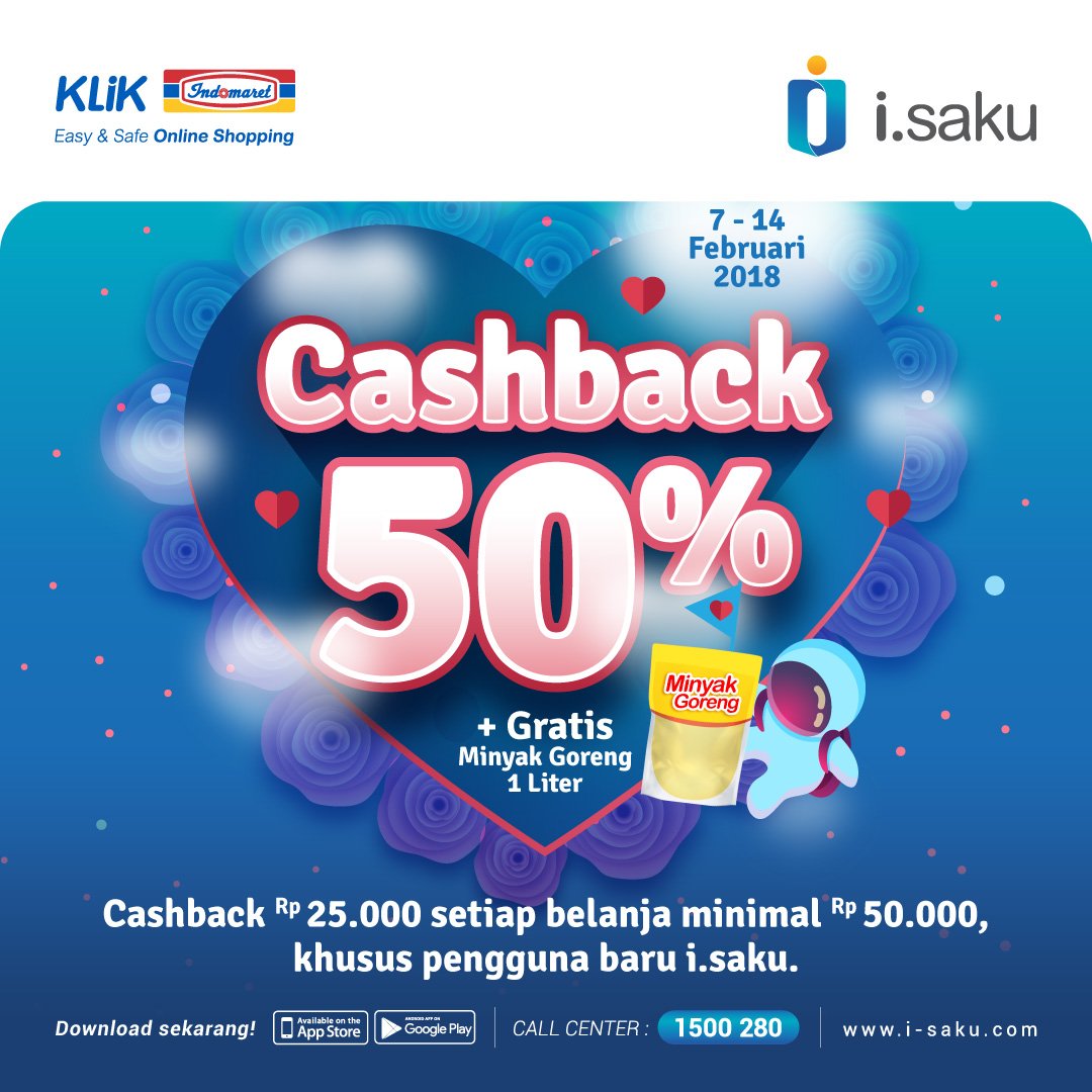 Cashback Rp25.000 setiap belanja minimal Rp50.000 di @KlikIndomaret khusus 10.000 pengguna baru i.saku. 
Voucher yg ditransaksikan menggunakan i.saku bs mendapatkan i-kupon Minyak Goreng 1L. 
#IndomaretPromo #ValentinePromo #KLIKIndomaret #isakuPromo #Cashless #HidupLebihMobile