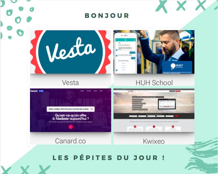 lespepitestech's tweet photo. Bonjour la communauté! On accueille avec plaisir nos plus belles pépites du jour. 
Bravo à  @HuhSchool @Kwixeo @PapangProd pour leur innitiative et on VOTE pour sa pépite ! 
https://t.co/GHZ8E3uvrc https://t.co/1JU8MM1EgB