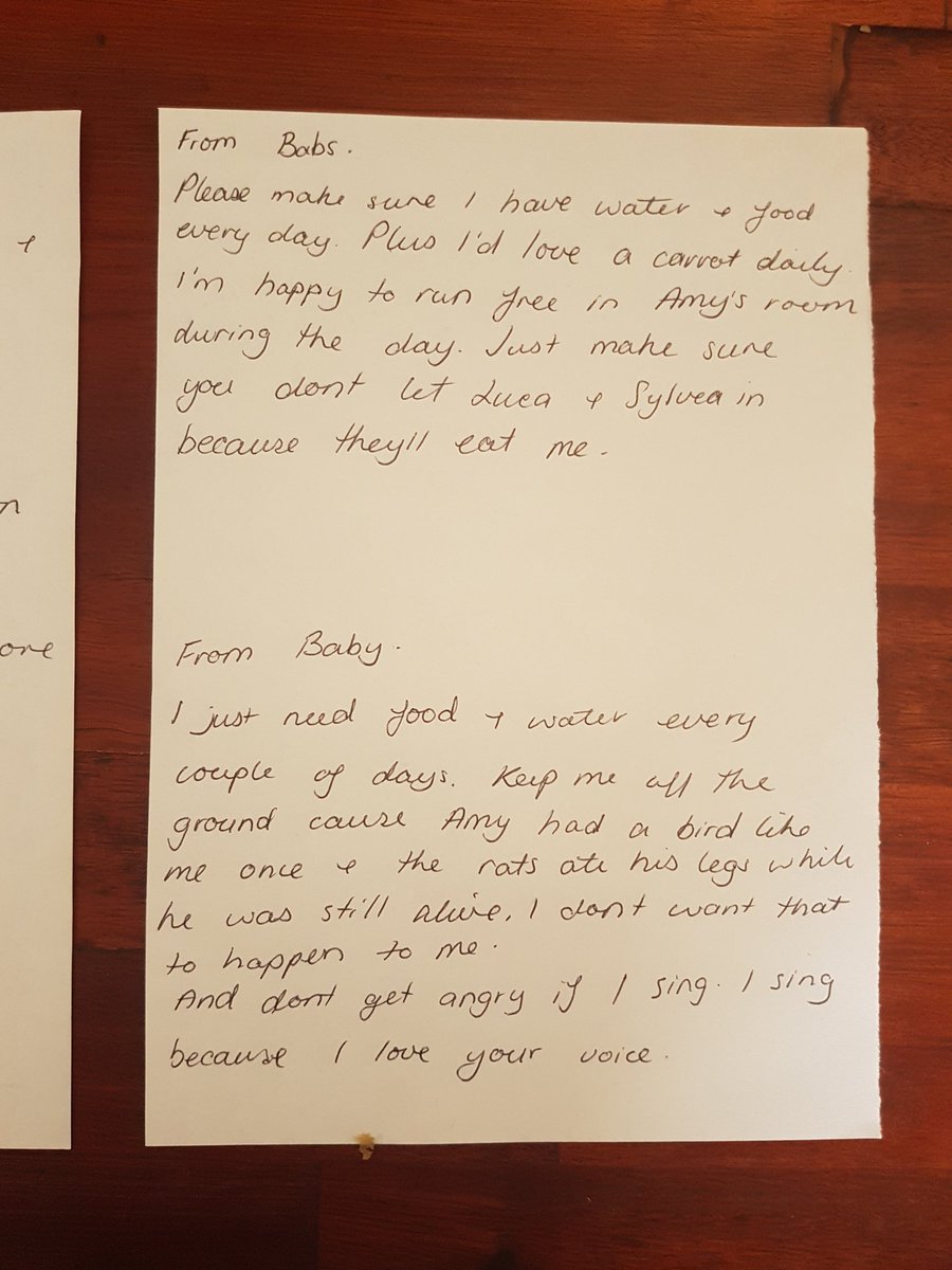 AuSLoveTwitch's tweet photo. Taking care of my friends pets while she is away.

These are the notes I got.

Eevee is a cute little kitty, 
Syvlea and Luca are doggos, 
Babs a bunny and Babys a bird. https://t.co/9Pz8w581qU