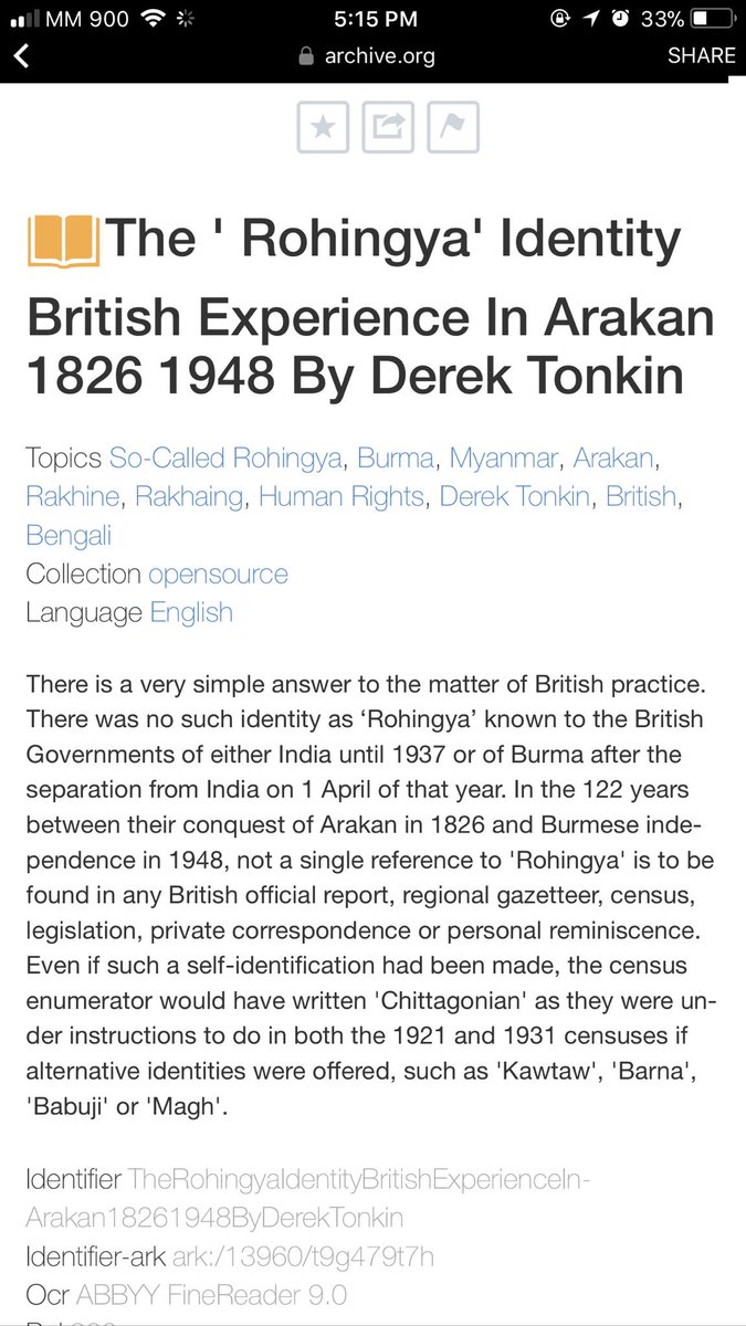 The ' Rohingya' Identity British Experience In Arakan 1826 1948 By Derek Tonkin : Free Download &amp; Streaming : Internet Archive archive.org/details/TheRoh… via <a href="/internetarchive/">Internet Archive</a>