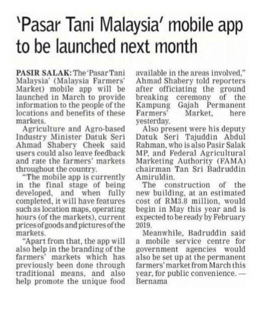 FAMA_Malaysia's tweet photo. Aplikasi Pasar Tani akan  diperkenalkan menjelang Mac ini. Semua pengguna boleh mengakses segala informasi berkaitan pasar tani dengan mudah hanya di hujung jari.

#famadihatirakyat #nbos #tn50 #jbd2018 #appsbaru https://t.co/A5AVSm2POf
